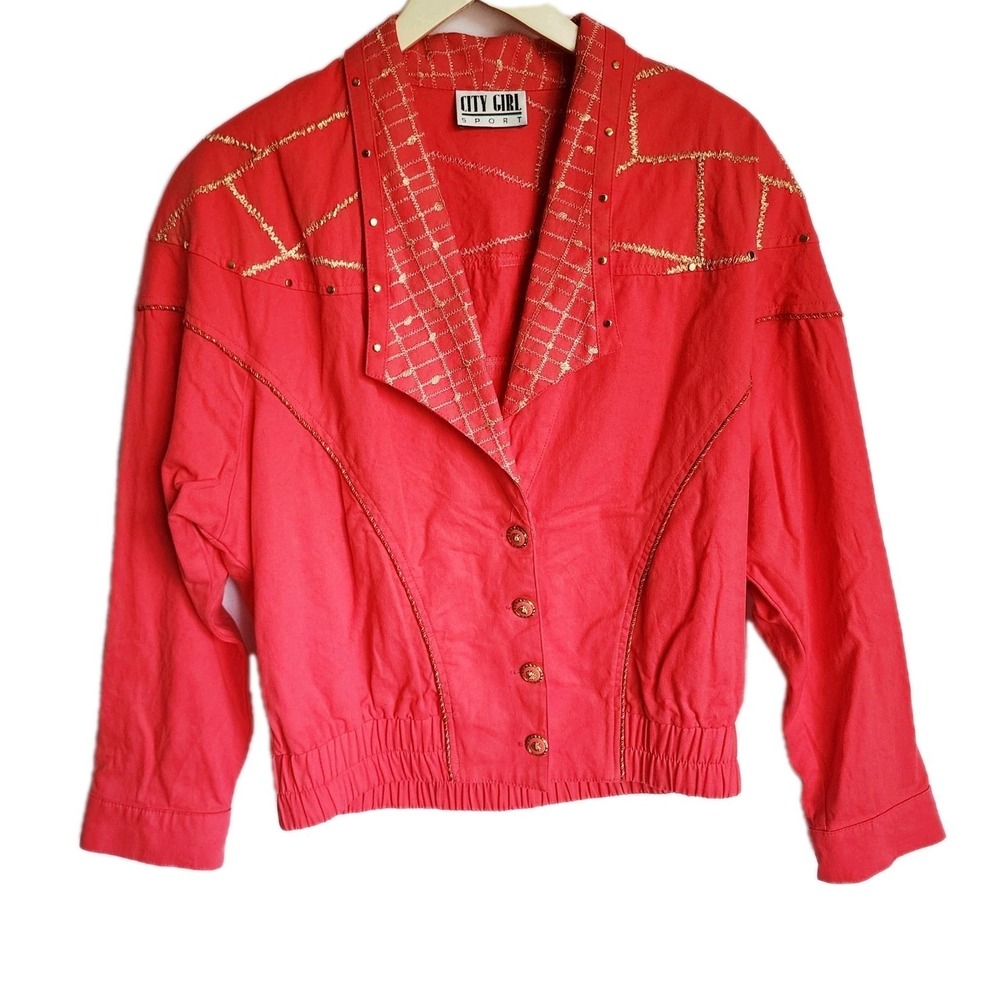 Vintage City Girl Sport Jacket Hot Pink Gold Metallic Studded 80s 90s Retro L/XL
